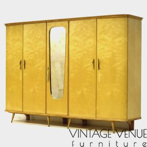 Grote vintage 5-deurs kledingkast in gevlamd esdoorn