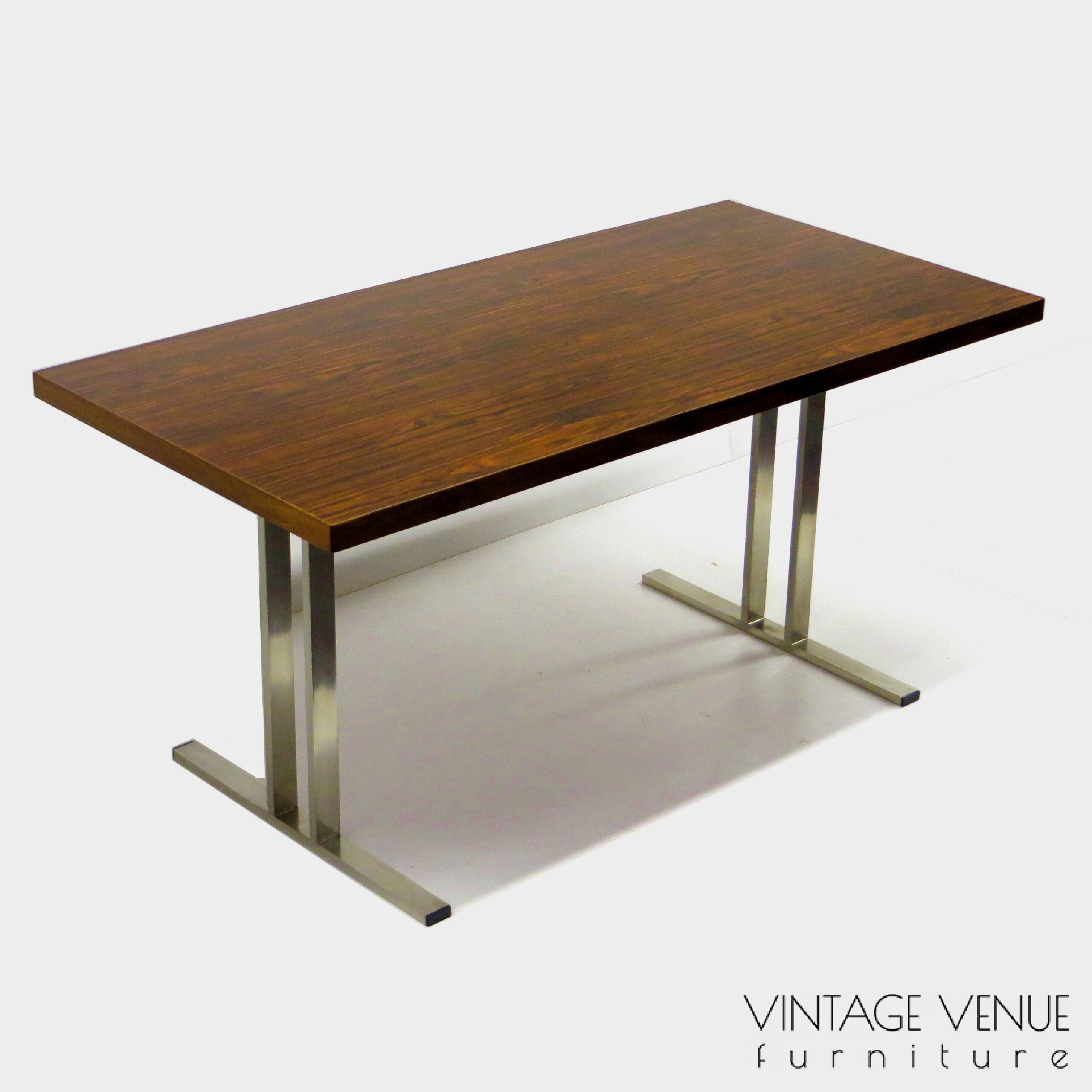 Vintage palissander design tafel / eettafel met stevig rvs frame, jaren '60 Mid century modern rosewood dining table with solid metal frame