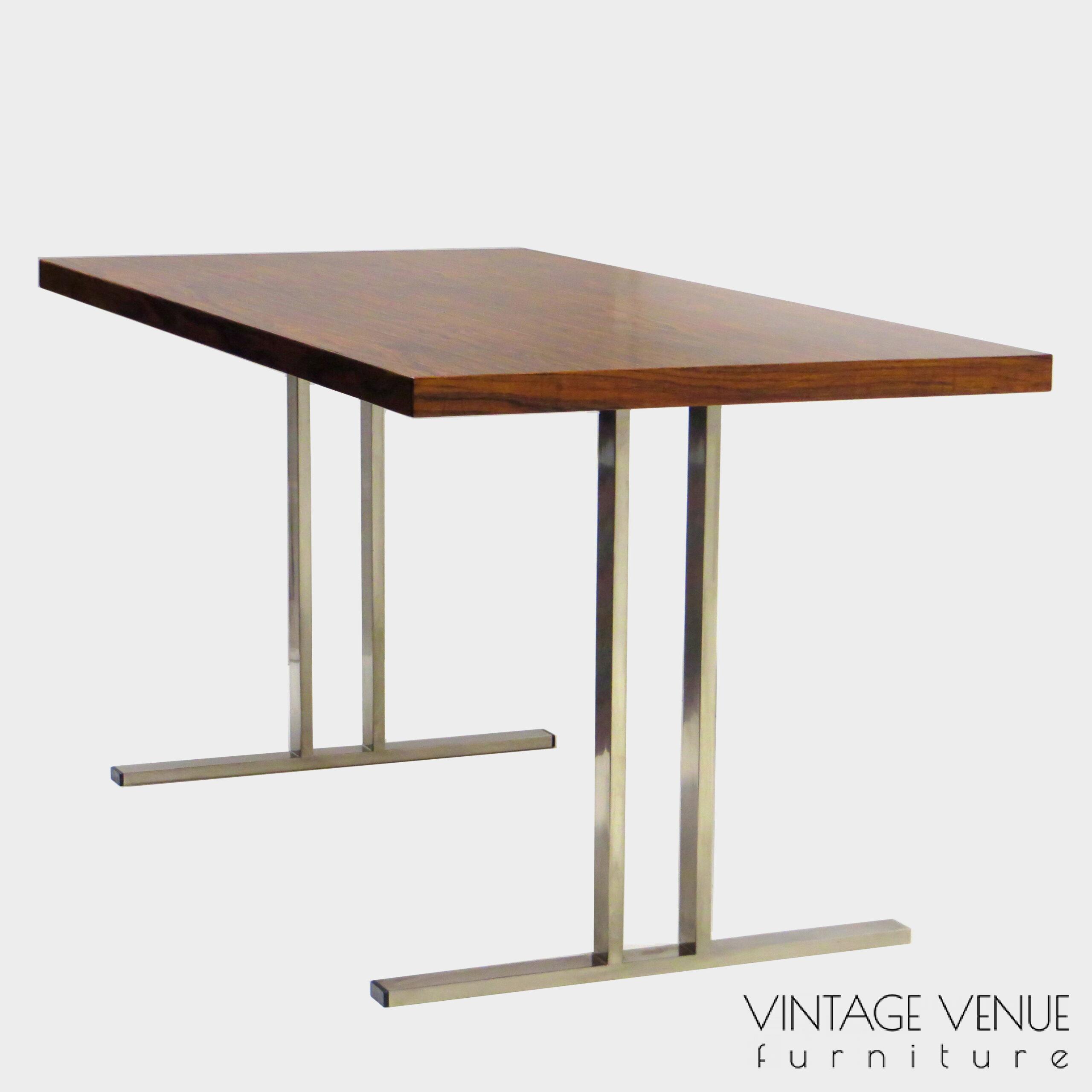 Vintage palissander design tafel / eettafel met stevig rvs frame, jaren '60 Mid century modern rosewood dining table with solid metal frame