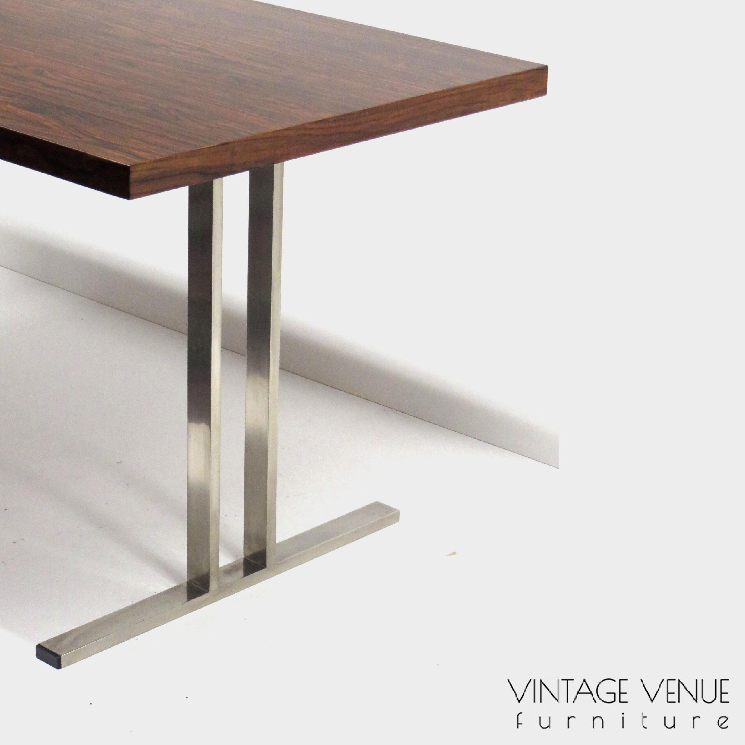 Vintage palissander design tafel / eettafel met stevig rvs frame, jaren '60 Mid century modern rosewood dining table with solid metal frame