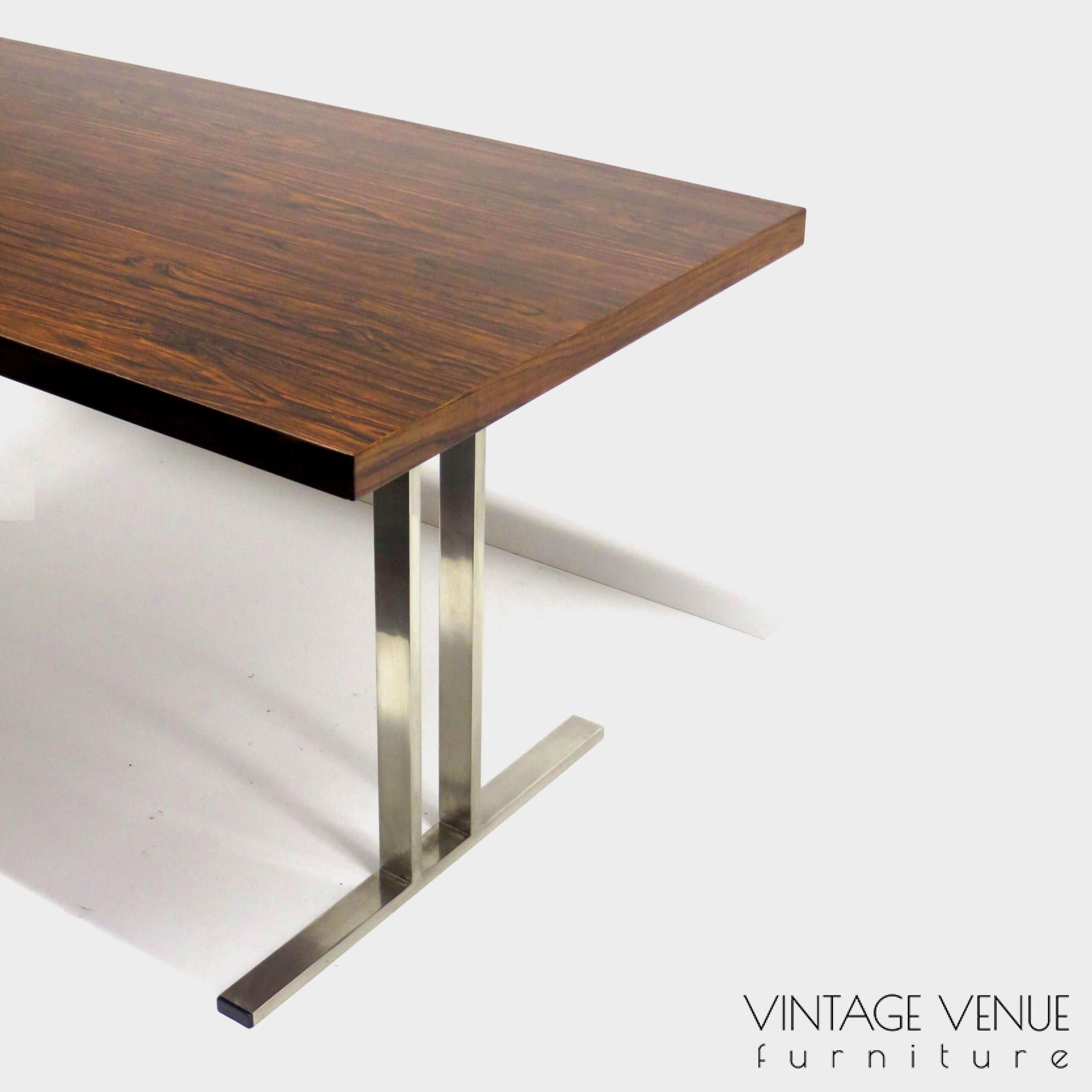 Vintage palissander design tafel / eettafel met stevig rvs frame, jaren '60 Mid century modern rosewood dining table with solid metal frame