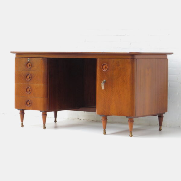 Vintage notenhouten directiebureau Art Deco stijl jaren '50 '60 / Mid century art deco style walnut writing desk 1950s - 1960s