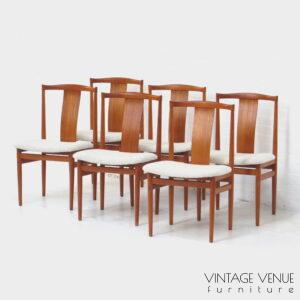 6 Vintage teakhouten Deens design eetkamerstoelen van Henning Sørensen uit de jaren '60 Set of 6 vintage mid century Danish design chairs by Henning Sørensen 1960s