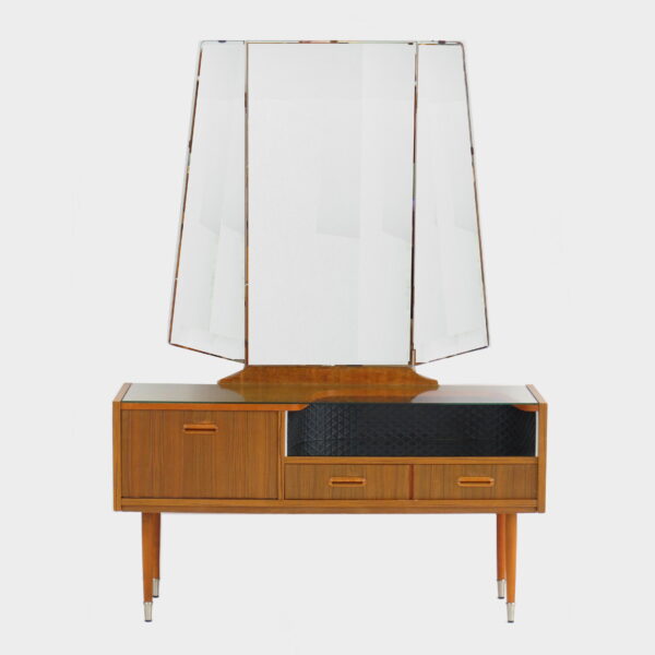 Vintage kaptafel dressoir van teak met spiegel, twee lades en klepvak met mooie handgrepen en poten, jaren 50 60.