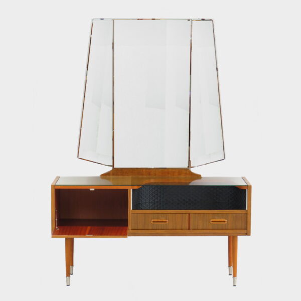 Vintage kaptafel dressoir van teak met spiegel, twee lades en klepvak met mooie handgrepen en poten, jaren 50 60.