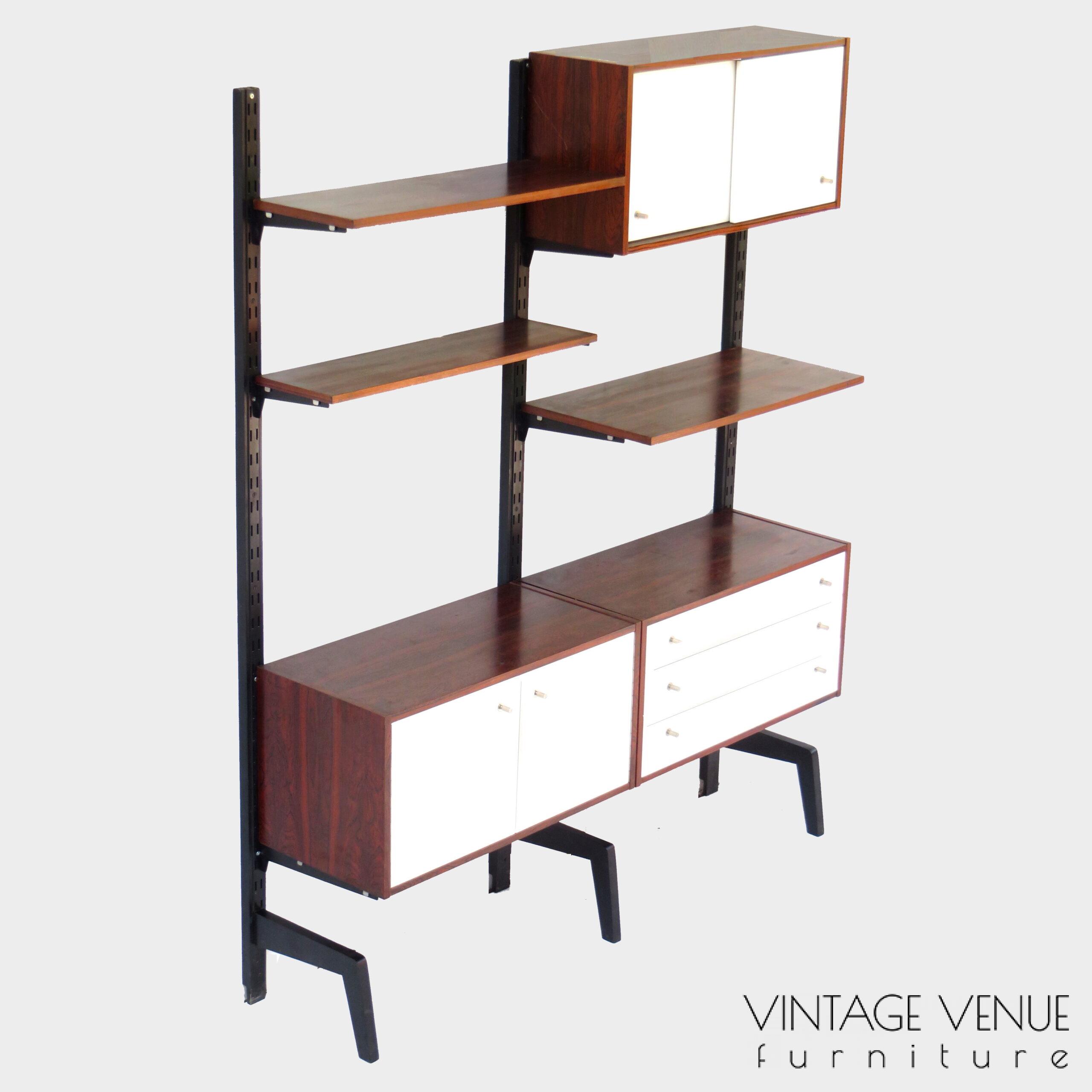 Vintage mid century wall unit system with hanging sideboard & bookshelves design by Anton Slotboom for Lockwood, 1960s / Vintage retro staand wandsysteem met zwevend dressoir & boekenplanken design van Anton Slotboom voor Lockwood, jaren 60
