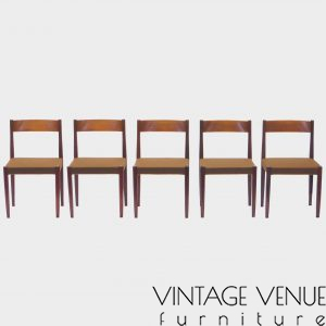Front view of set of 5 vintage dining chairs with teak frame and moss-brown upholstery