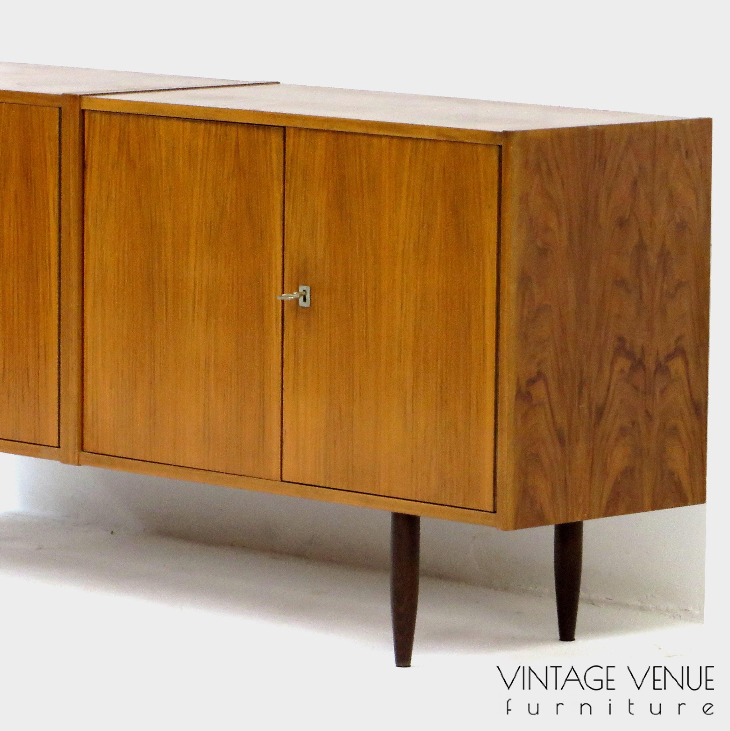 Vintage retro design sideboard / dresser cabinet / TV cabinet with beautiful wood grain made of Walnut. Period: 1950s '60s Mid century modern lowboard / sideboard / bookcase cabinet with beautiful wood grain made of Walnut, 1960s.