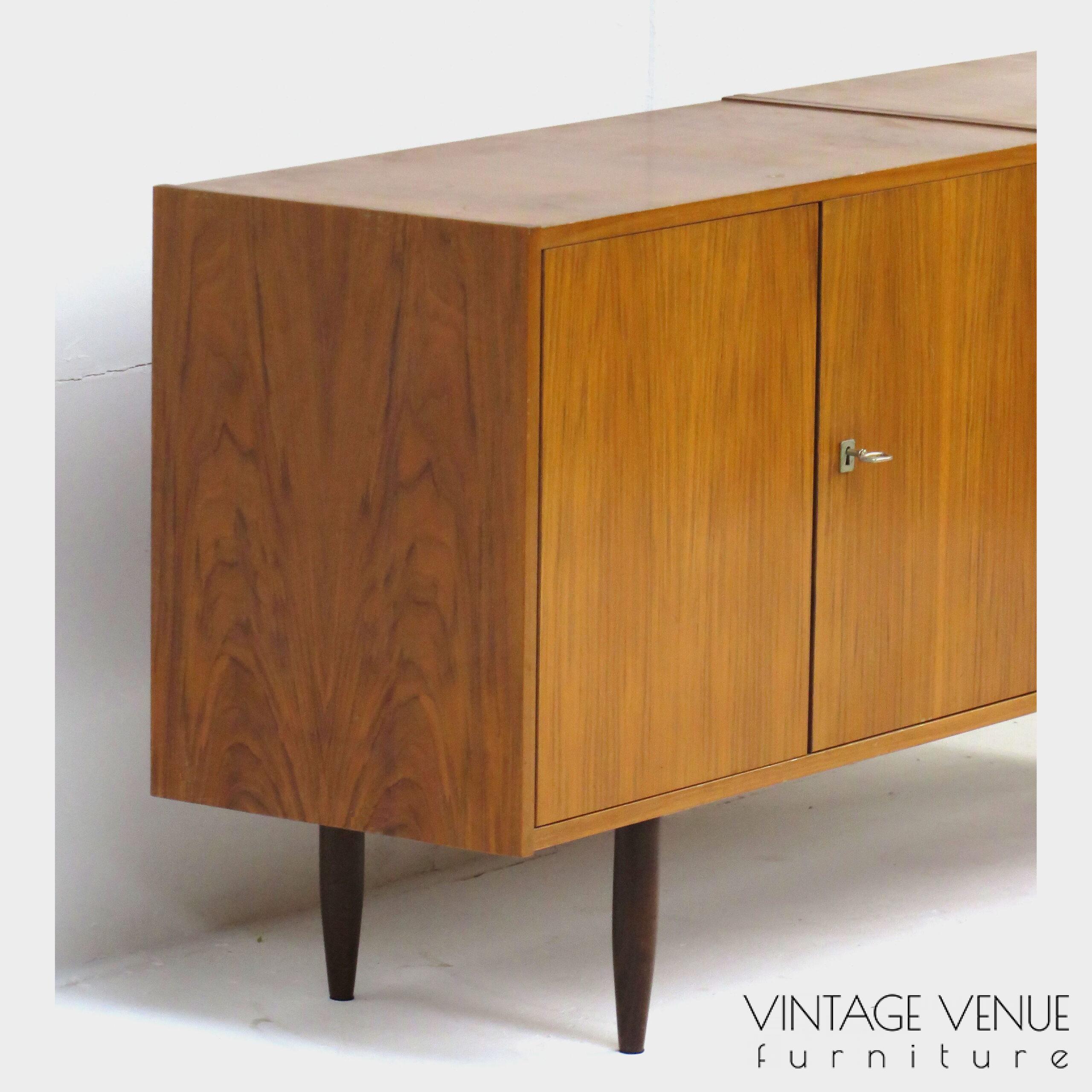 Vintage retro design sideboard / dresser cabinet / TV cabinet with beautiful wood grain made of Walnut. Period: 1950s '60s Mid century modern lowboard / sideboard / bookcase cabinet with beautiful wood grain made of Walnut, 1960s.
