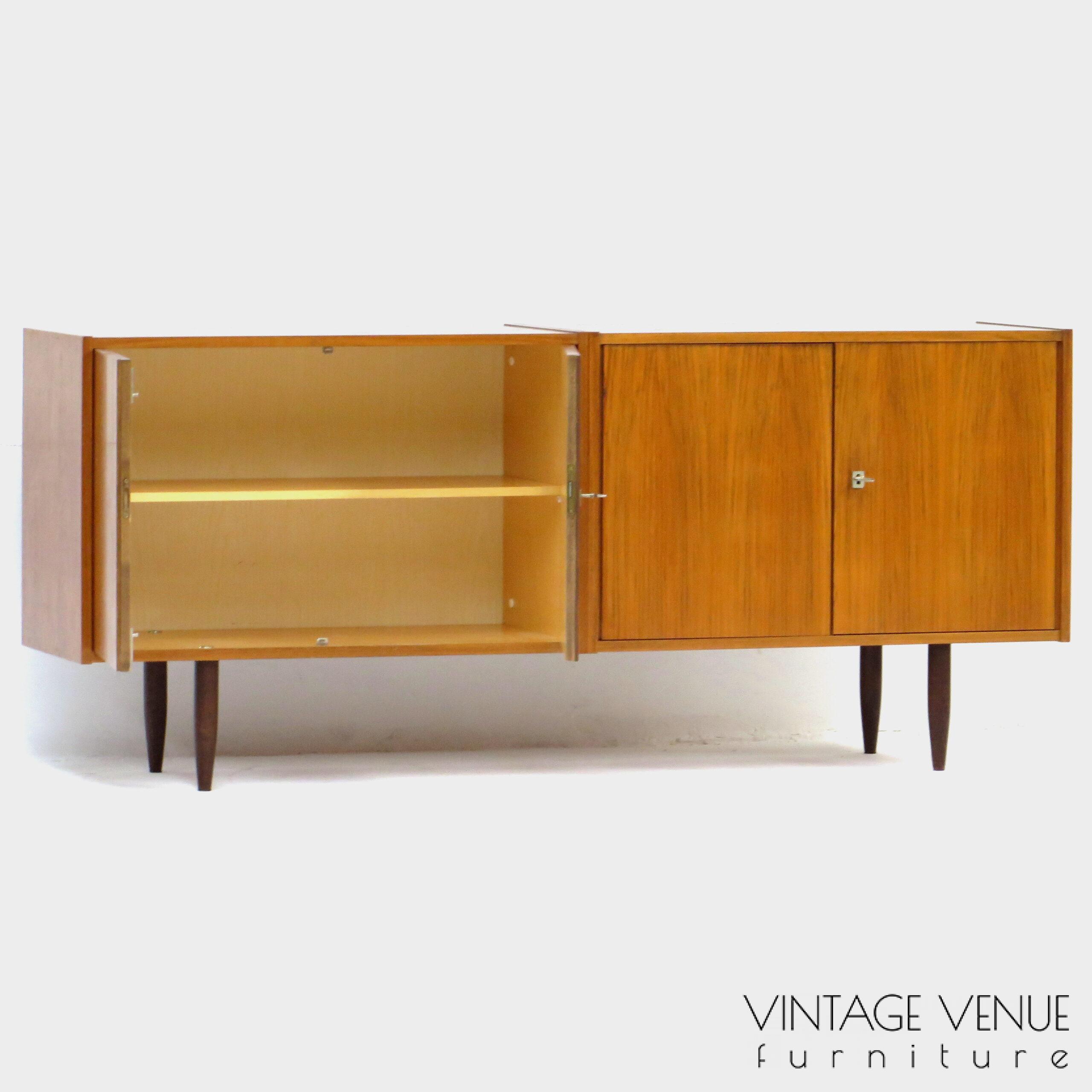 Vintage retro design sideboard / dresser cabinet / TV cabinet with beautiful wood grain made of Walnut. Period: 1950s '60s Mid century modern lowboard / sideboard / bookcase cabinet with beautiful wood grain made of Walnut, 1960s.