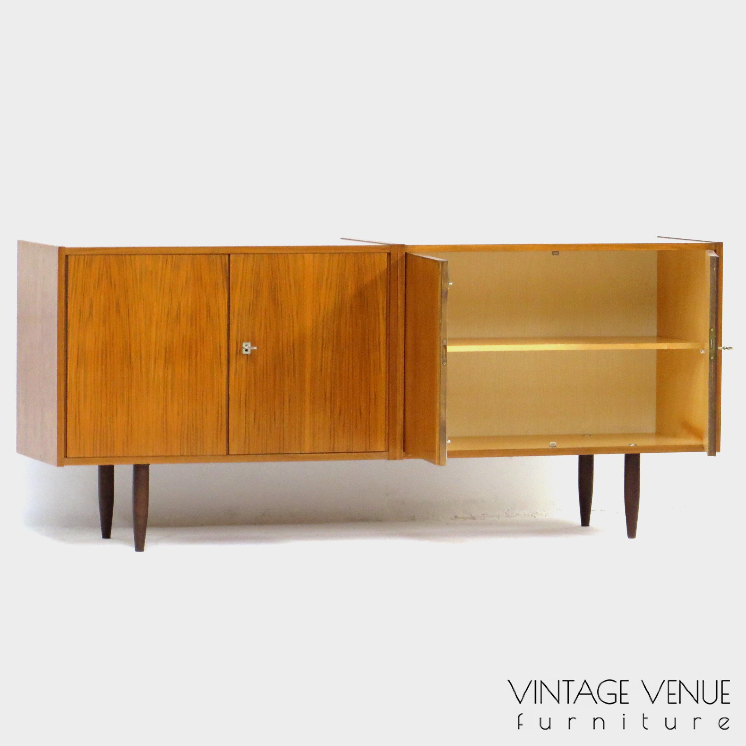 Vintage retro design sideboard / dresser cabinet / TV cabinet with beautiful wood grain made of Walnut. Period: 1950s '60s Mid century modern lowboard / sideboard / bookcase cabinet with beautiful wood grain made of Walnut, 1960s.