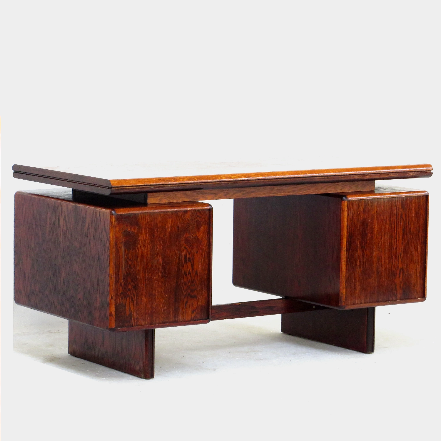 Back left: Vintage exclusive executive writing desk with beautiful warm wood design, made in the 1960s. Mid-century modern executive writing desk.