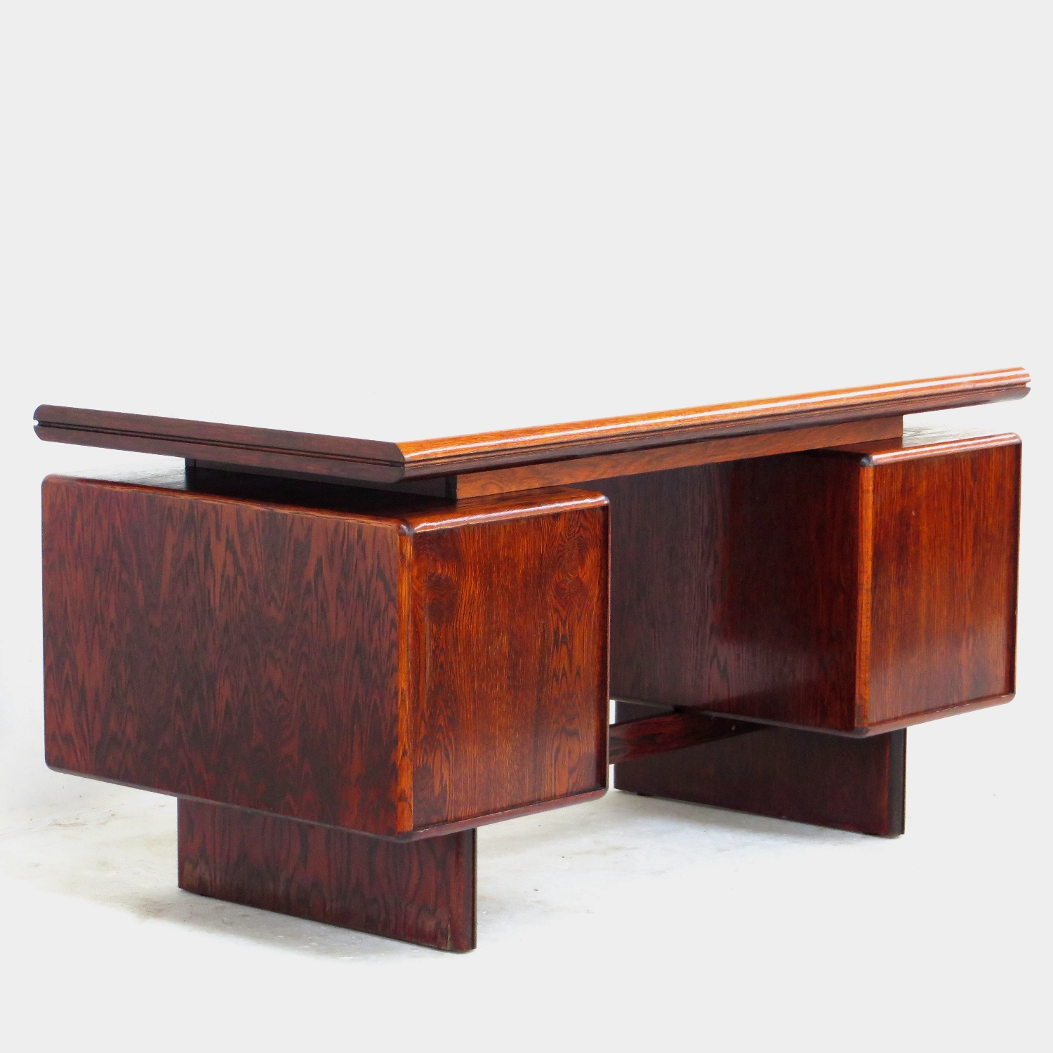 Back left: Vintage exclusive executive writing desk with beautiful warm wood design, made in the 1960s. Mid-century modern executive writing desk.