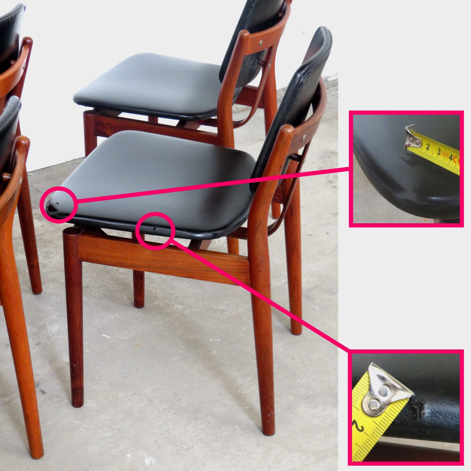 Detailfoto van een stoel met twee kleine beschadigingen in de zitting