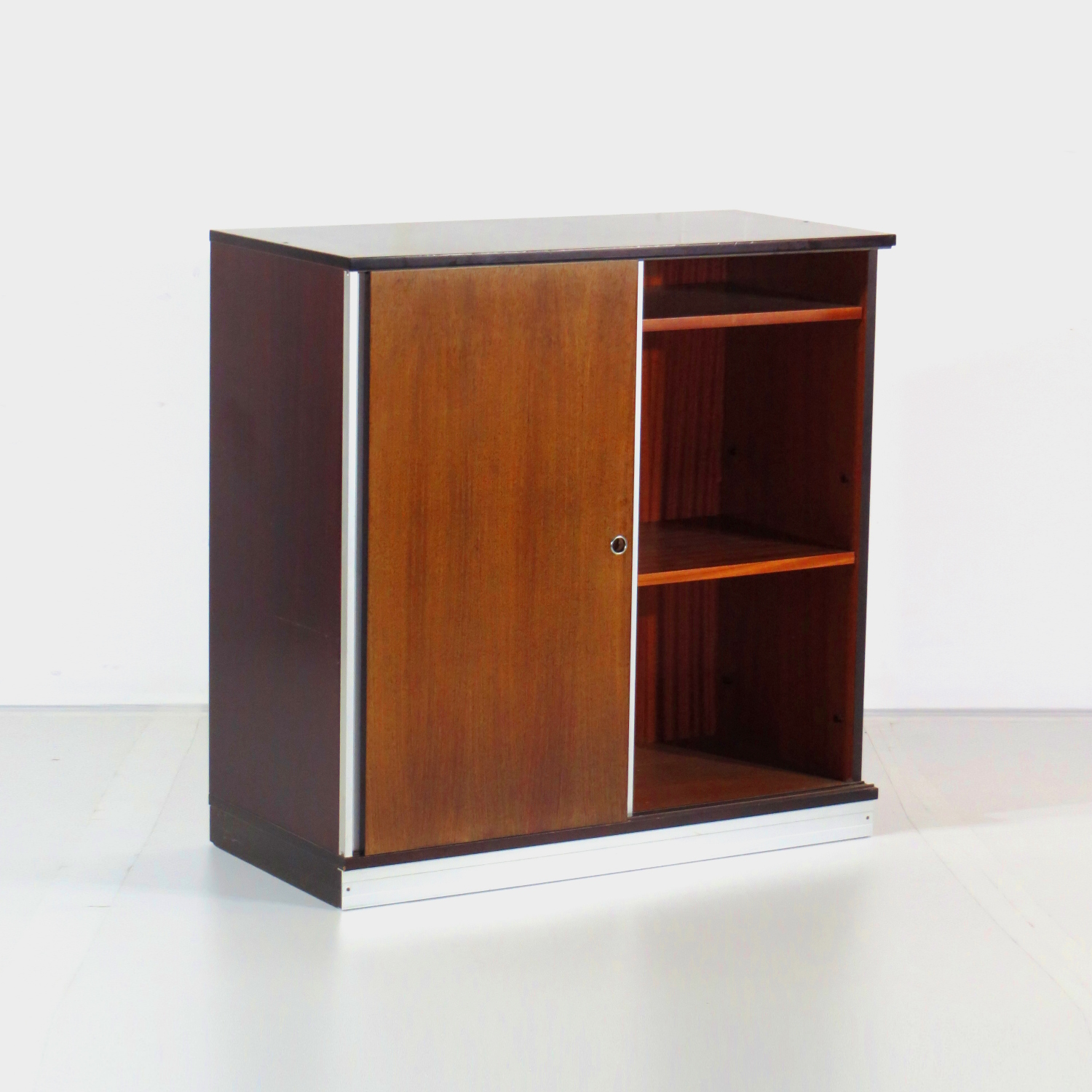 Photo of vintage rosewood sideboard cabinet with the right sliding door open